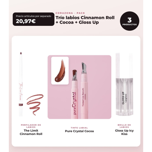 CORAZONA - Trio Lip Pack with The Limit Cinnamon Roll, Pure Crystal Cocoa and Gloss Up Icy Kiss