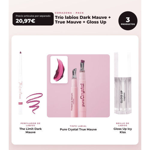 CORAZONA - Trio Lip Pack with The Limit Dark Mauve, Pure Crystal True Mauve and Gloss Up Icy Kiss