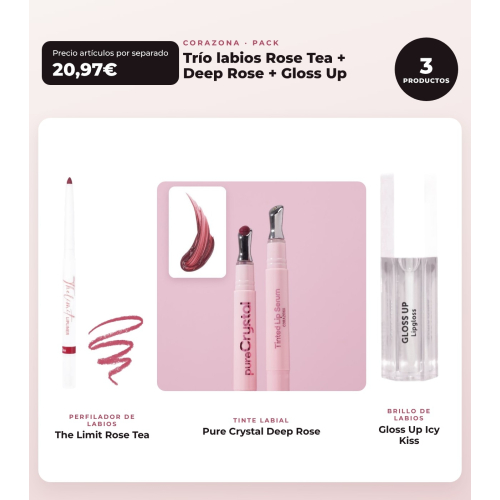 CORAZONA - Trio Lip Pack with The Limit Rose Tea, Pure Crystal Deep Rose and Gloss Up Icy Kiss