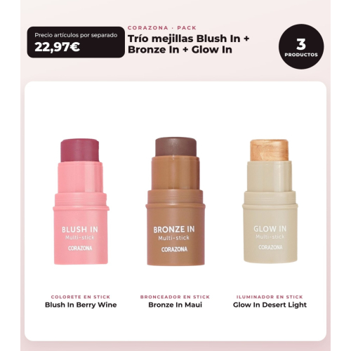 CORAZONA - Trio Pack Cheeks Blush In - Berry Wine + Bronze In - Maui + Glow In - Desert Light