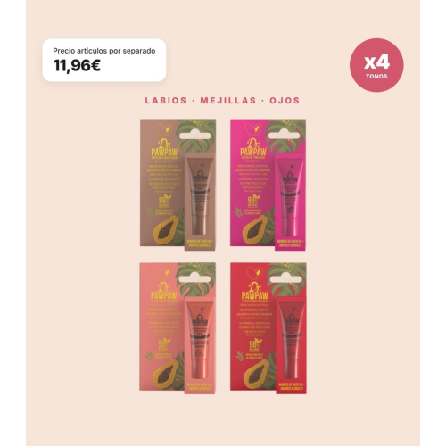 Dr. PAWPAW - Pack of 4 Multi-Functional Lip Balms with Color Ultimate Red, Rich Mocha, Hot Pink, and Peach Pink for Lips, Cheeks, and Eyes