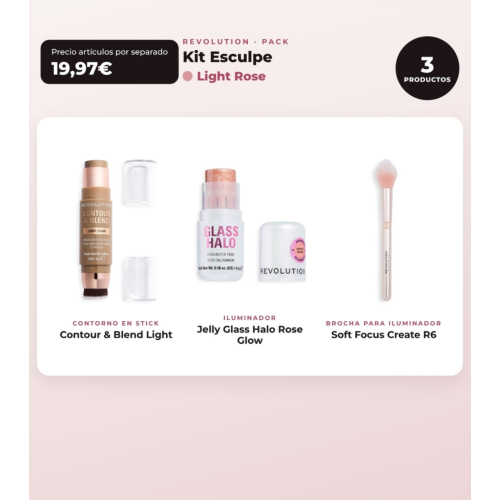 Makeup Revolution - Stick Contour Set Reloaded Contour & Blend - Light + Highlighter Jelly Glass Halo - Rose Glow + Highlighter Brush Soft Focus Create - R6