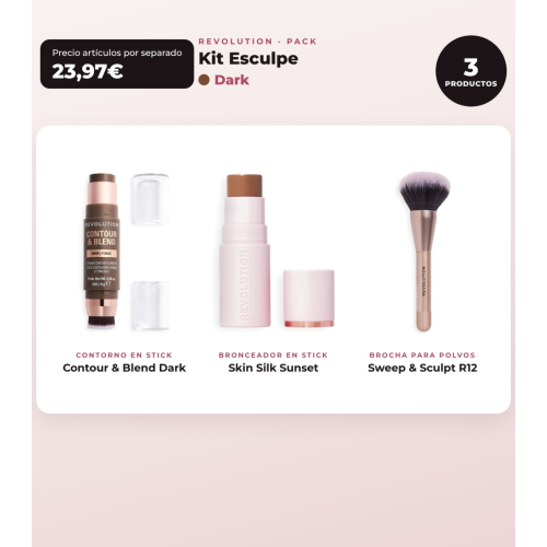 Makeup Revolution - Stick Contour Set Reloaded Contour & Blend - Dark + Stick Bronzer Skin Silk - Sunset + Powder Brush Sweep & Sculpt - R12