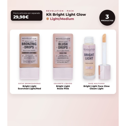 Makeup Revolution - Bronzing Drops Set Bright Light - Scorched Light/ Med + Liquid Blush Bright Light - Rosie Pink + Multi-Use Base Bright Light Face Glow - Gleam Light