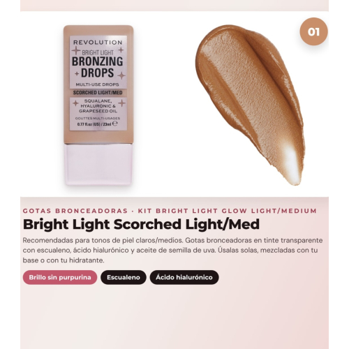 Makeup Revolution - Bronzing Drops Set Bright Light - Scorched Light/ Med + Liquid Blush Bright Light - Rosie Pink + Multi-Use Base Bright Light Face Glow - Gleam Light
