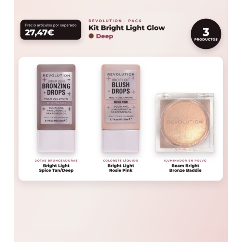 Makeup Revolution - Bronzing Drops Set Bright Light - Spice Tan/Deep + Liquid Blush Bright Light - Rosie Pink + Powder Highlighter Beam Bright - Bronze Baddie