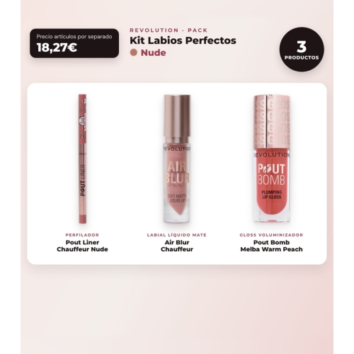 Makeup Revolution - Lip Liner Set Pout Liner - Chauffeur Nude + Matte Liquid Lipstick Air Blur - Chauffeur + Volumizing Lip Gloss Pout Bomb - Melba Warm Peach