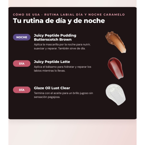 Makeup Revolution - Juicy Lip Mask Set Peptide Pudding - Butterscotch Brown + Lip Balm Juicy Peptide - Latte + Lip Oil Glaze Oil - Lust Clear