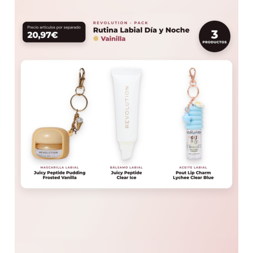 Makeup Revolution - Lip Mask Set Juicy Peptide Pudding - Frosted Vanilla + Lip Balm Juicy Peptide - Clear Ice + Lip Oil Pout Lip Charm - Lychee Clear Blue