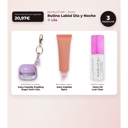 Makeup Revolution - Lip Mask Set Juicy Peptide Pudding - Sugar Swirl Lilac + Lip Balm Juicy Peptide - Spice + Lip Oil Glaze Oil - Lust Clear