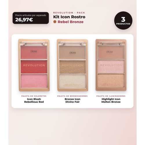 Makeup Revolution - Blush Palette Icon Blush - Rebellious Red + Bronzer Palette Bronze Icon - Divine Fair + Highlighter Palette Highlight Icon - Molten Bronze
