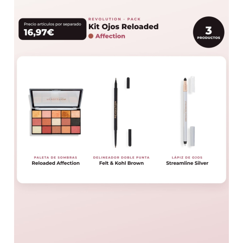Makeup Revolution - Eyeshadow Palette Set Reloaded - Affection + Eyeliner Felt & Kohl Precision Dual Liner - Brown + Eyeliner Streamline Waterline Eyeliner Pencil - Silver