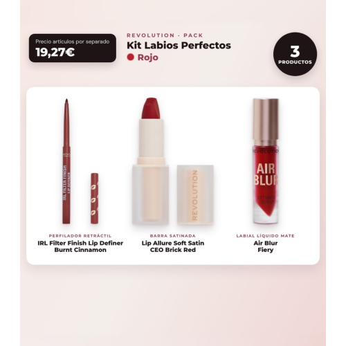 Makeup Revolution - Lip Liner Set IRL Filter Finish Lip Definer - Burnt Cinnamon + Satin Lipstick Lip Allure Soft Satin + Matte Liquid Lipstick Air Blur - Fiery
