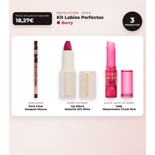 Makeup Revolution - Lip Liner Set Pout Liner - Deepest Mauve + Satin Lipstick Lip Allure - Material Girl Wine + Lip Oil Stick Jelly - Watermelon Crush Red