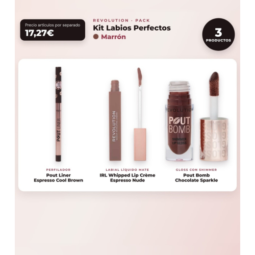 Makeup Revolution - Lip Liner Set Pout Liner - Espresso Cool Brown + Liquid Lipstick IRL Whipped Lip Crème - Espresso Nude + Lip Gloss with Shimmer Pout Bomb - Chocolate Sparkle