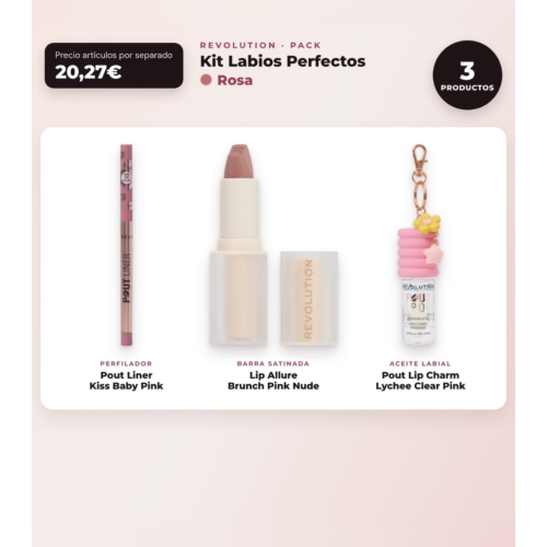 Makeup Revolution - Lip Liner Set Pout Liner - Kiss Baby Pink + Satin Lipstick Lip Allure - Brunch Pink Nude + Lip Oil Pout Lip Charm - Lychee Clear Pink