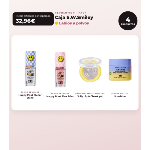 Makeup Revolution - Set *S.W.Smiley* - Lip gloss Stellar Shine + Lip gloss Pink Bliss + pH lip and cheek balm + Loose powders Sunshine