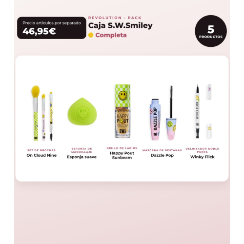 Makeup Revolution - Set *S.W.Smiley* - Brushes On Cloud Nine + Soft makeup sponge + Lip gloss Happy Pout + Mascara Dazzle Pop + Eyeliner Winky Flick Double-Ended