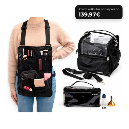 MQBeauty - Makeup Artist Pack with Apron, Transparent Case of 24 Bottles and Brush Bag for Professional Makeup Artists and Students