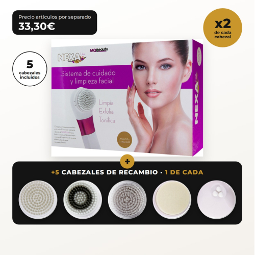 NEXA Lite Pack by MQBeauty – Facial Cleansing System with Vibration + 5 Replacement Heads (10 Heads in Total)