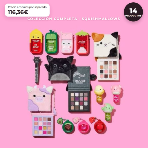 Trouble Maker x Squishmallows - Complete Collection Limited Edition - 14 Products: 3 Eyeshadow Palettes + Mascara + 3 Lip Oils + 3 Lip Glosses + 4 Facial Mists